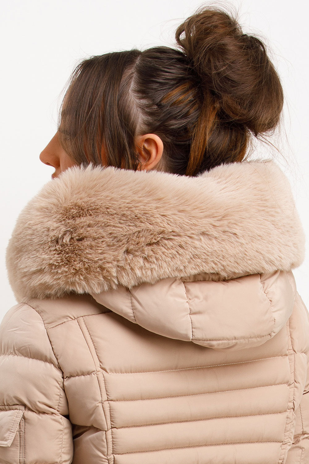 Puffer Jacket With Faux Fur Hood Side Buckle Detail Beige