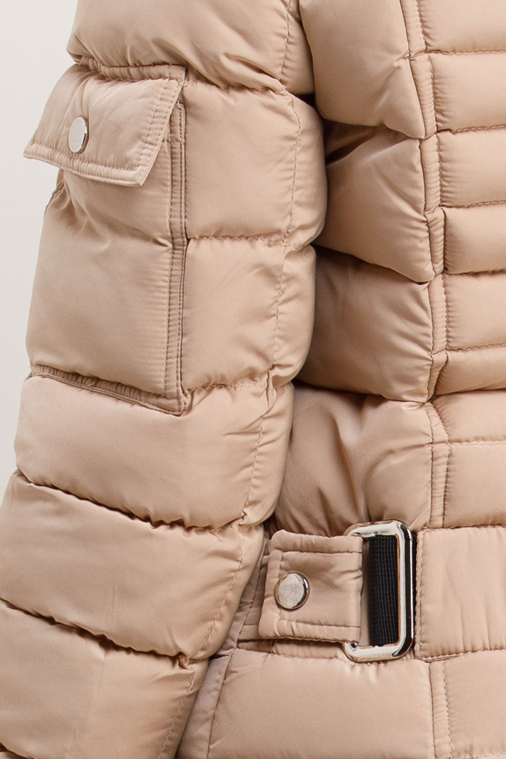 Puffer Jacket With Faux Fur Hood Side Buckle Detail Beige