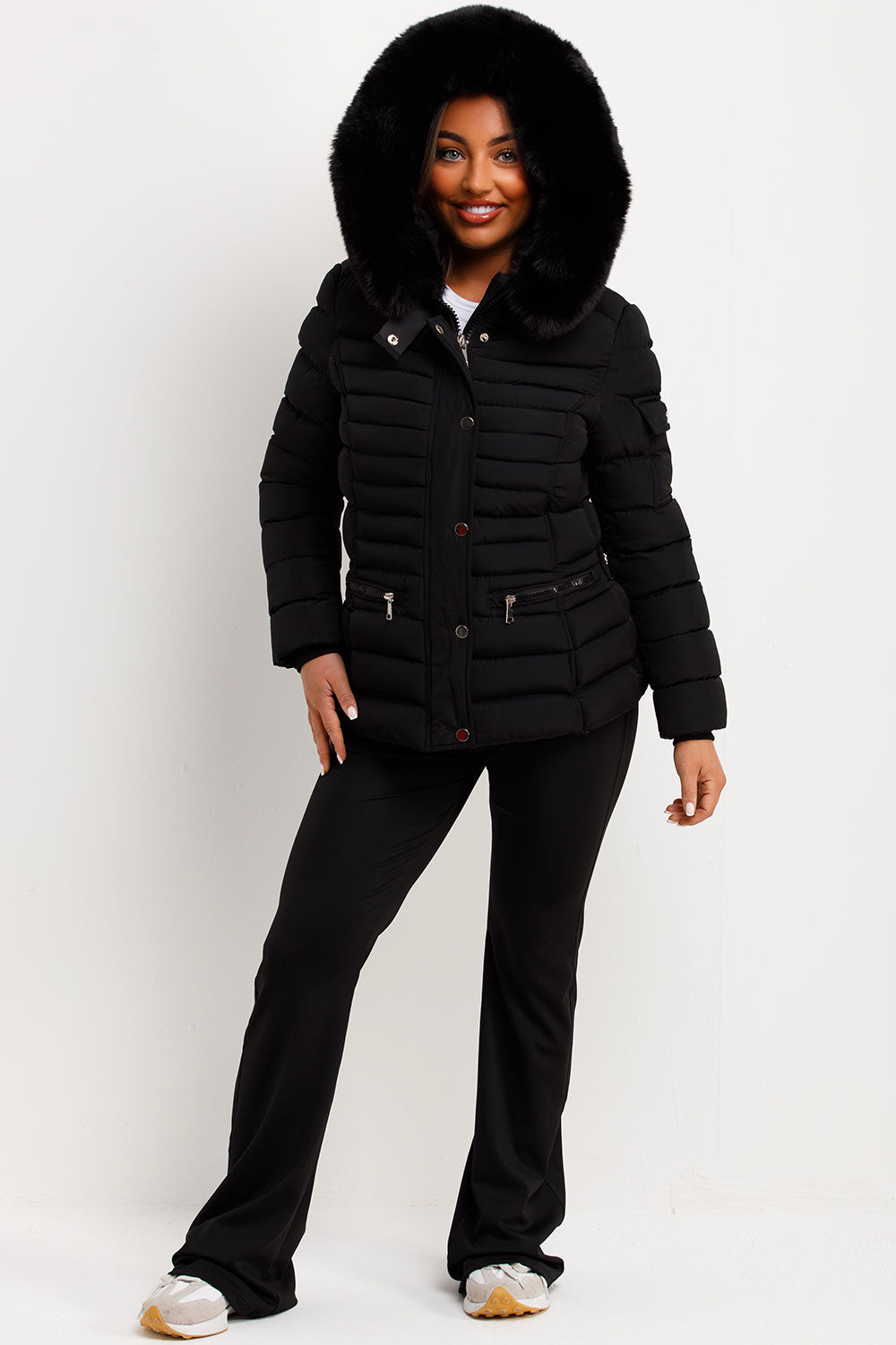 Puffer Jacket With Faux Fur Hood Side Buckle Detail Black