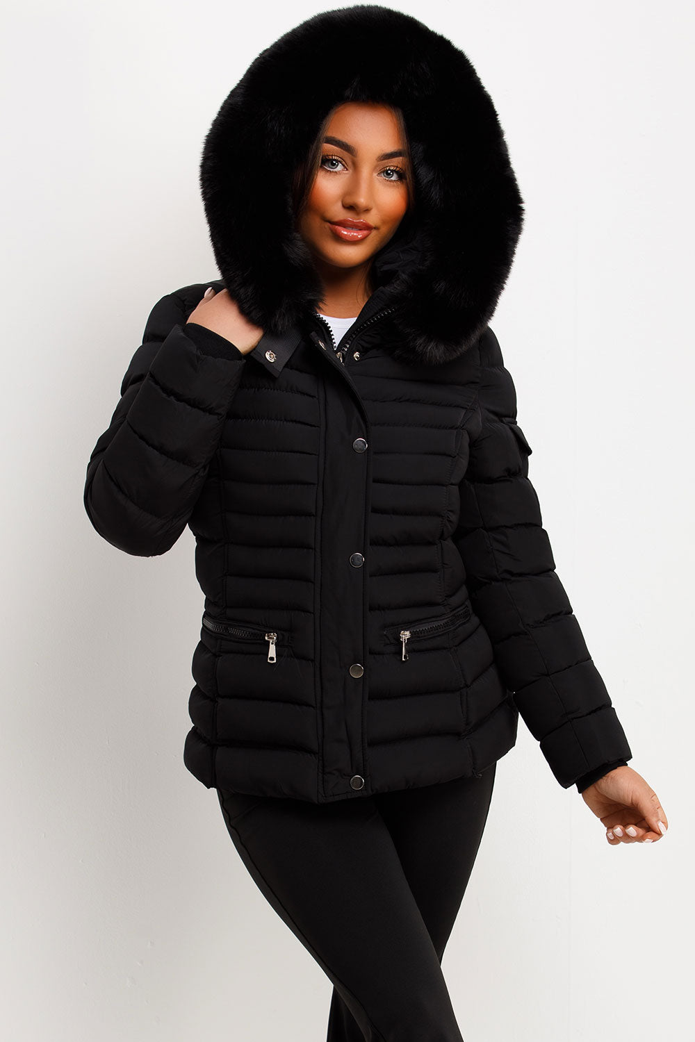 Puffer Jacket With Faux Fur Hood Side Buckle Detail Black