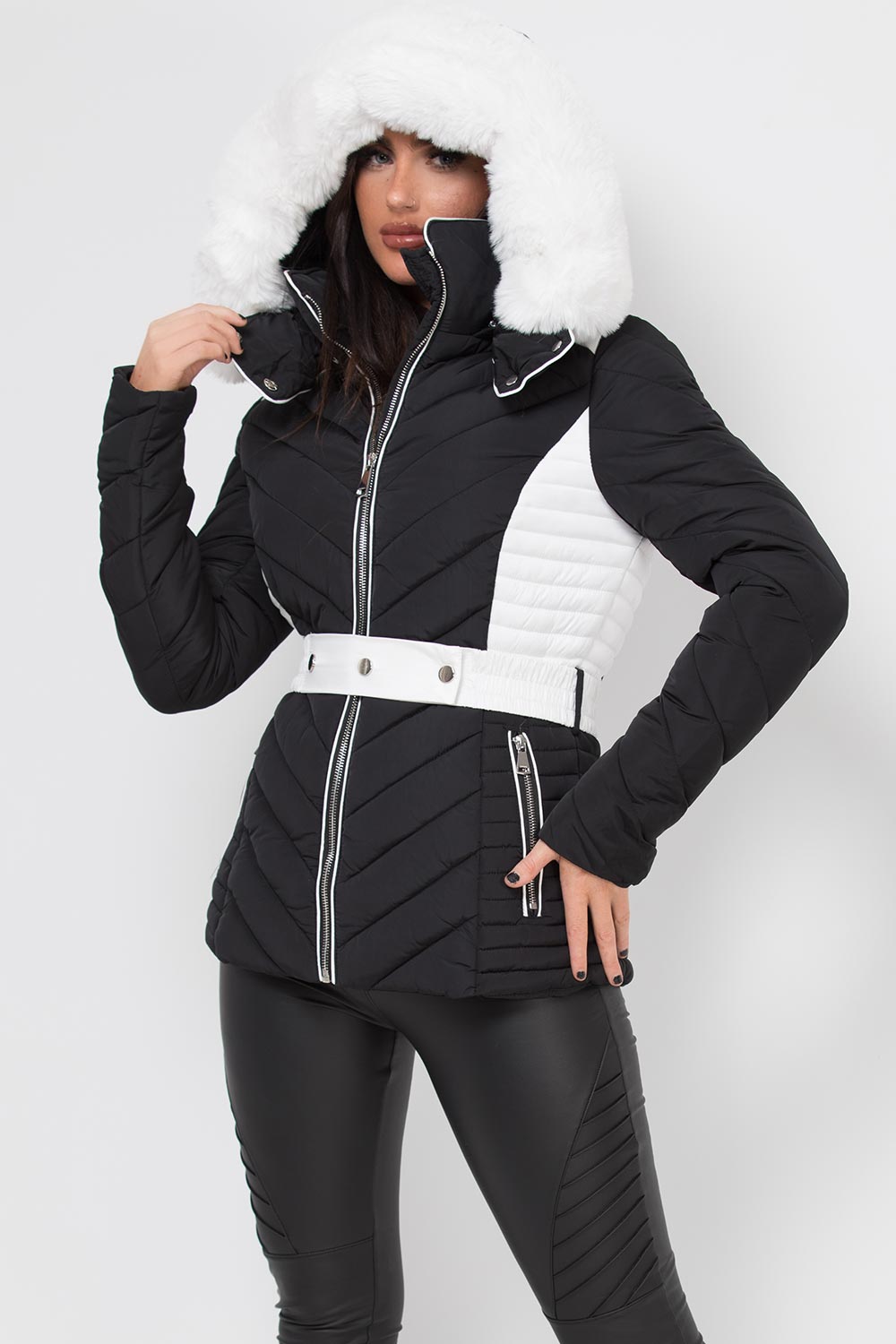 Puffer Quilted Jacket With Faux Fur Hood Belted Black And White