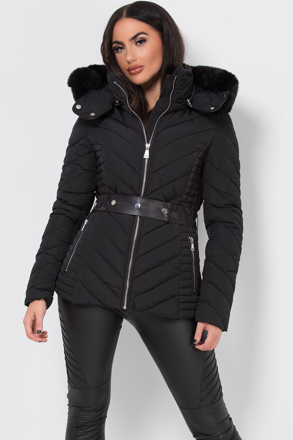 Black Puffer Quilted Jacket With Faux Fur Hood And Belt