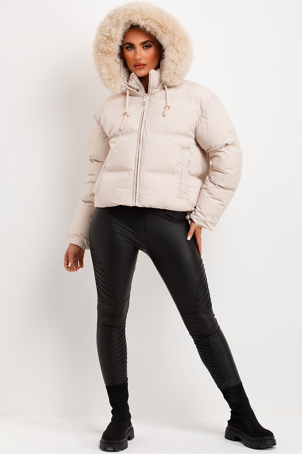 Puffer Jacket With Faux Fur Hood Beige