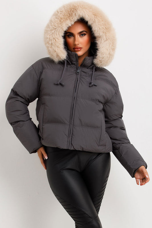 Grey Puffer Jacket With Faux Fur Hood