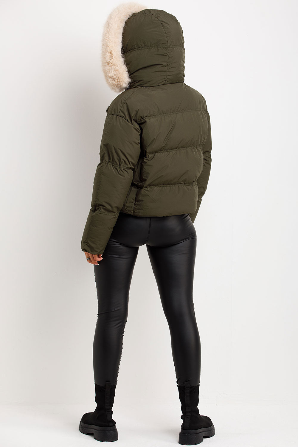 Puffer Jacket With Faux Fur Hood Khaki