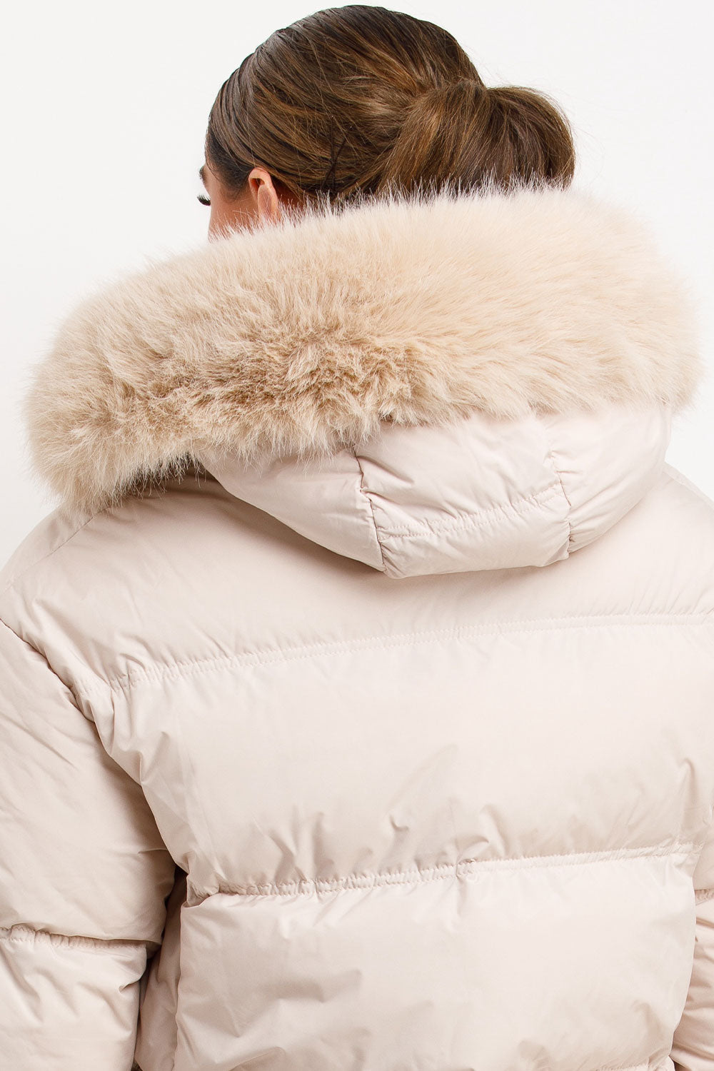 Puffer Jacket With Faux Fur Hood Beige