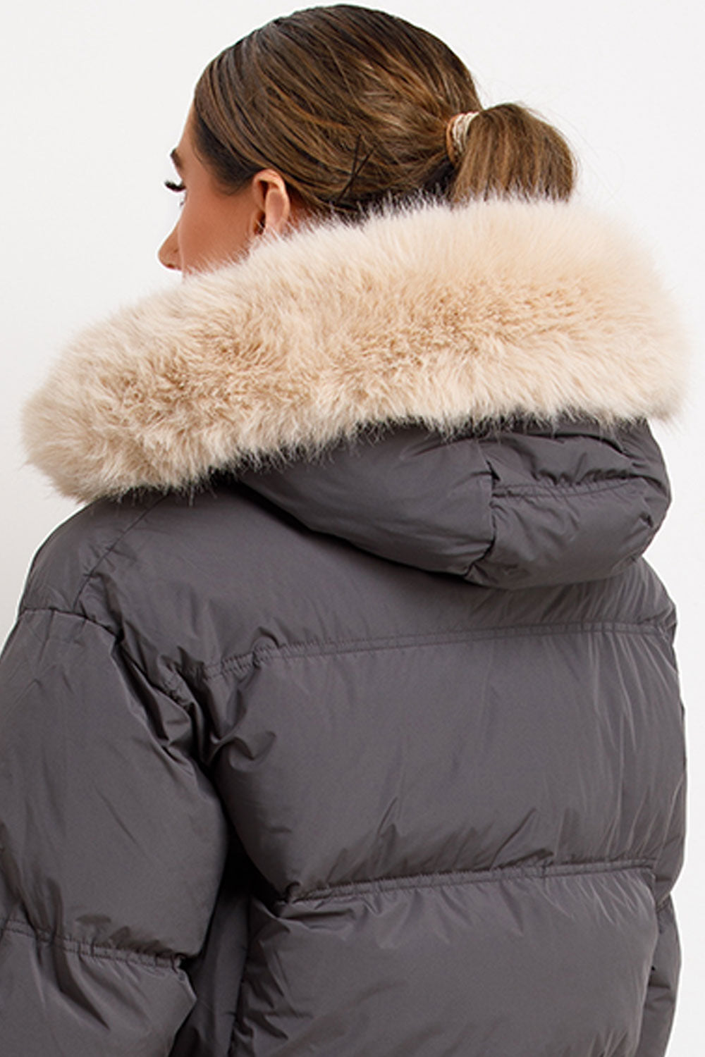 Grey Puffer Jacket With Faux Fur Hood