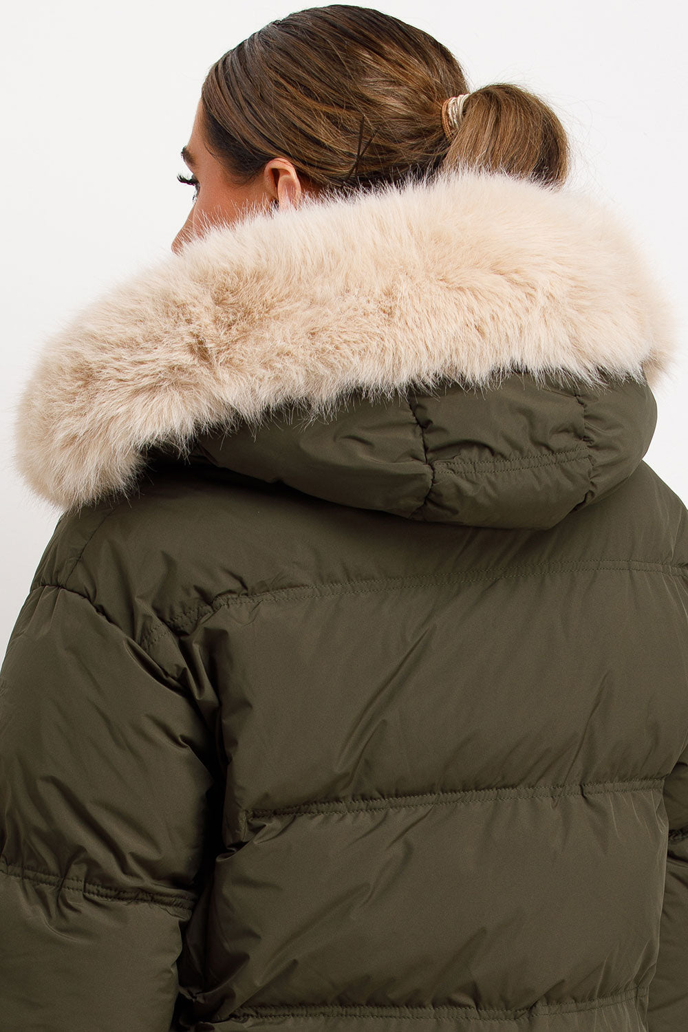 Puffer Jacket With Faux Fur Hood Khaki