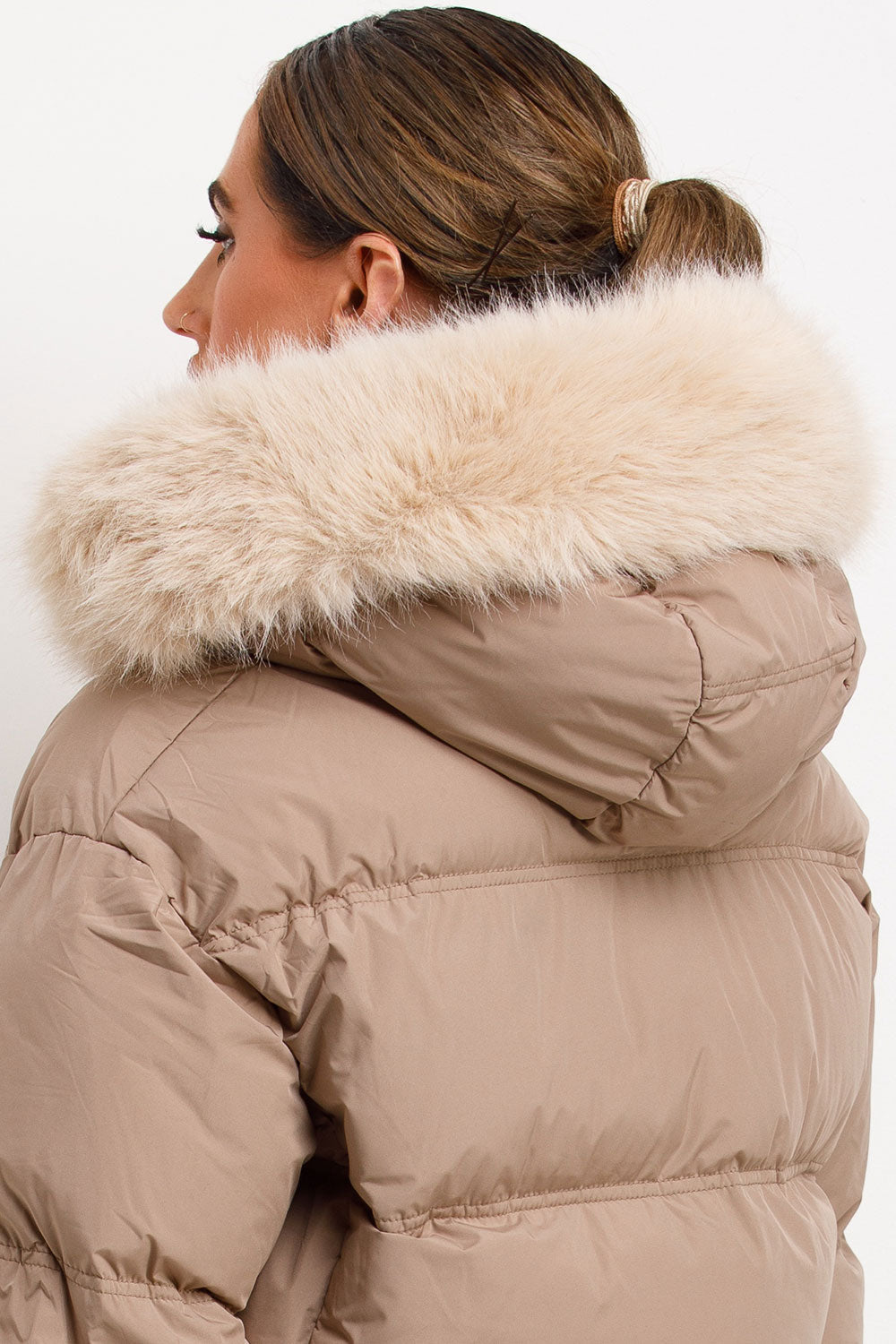 Puffer Jacket With Faux Fur Hood Stone