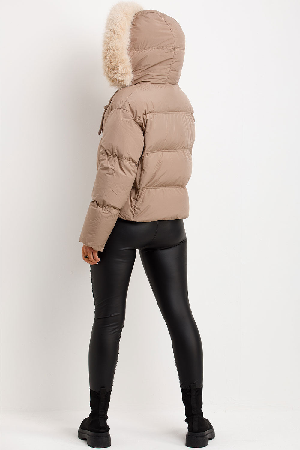 Puffer Jacket With Faux Fur Hood Stone