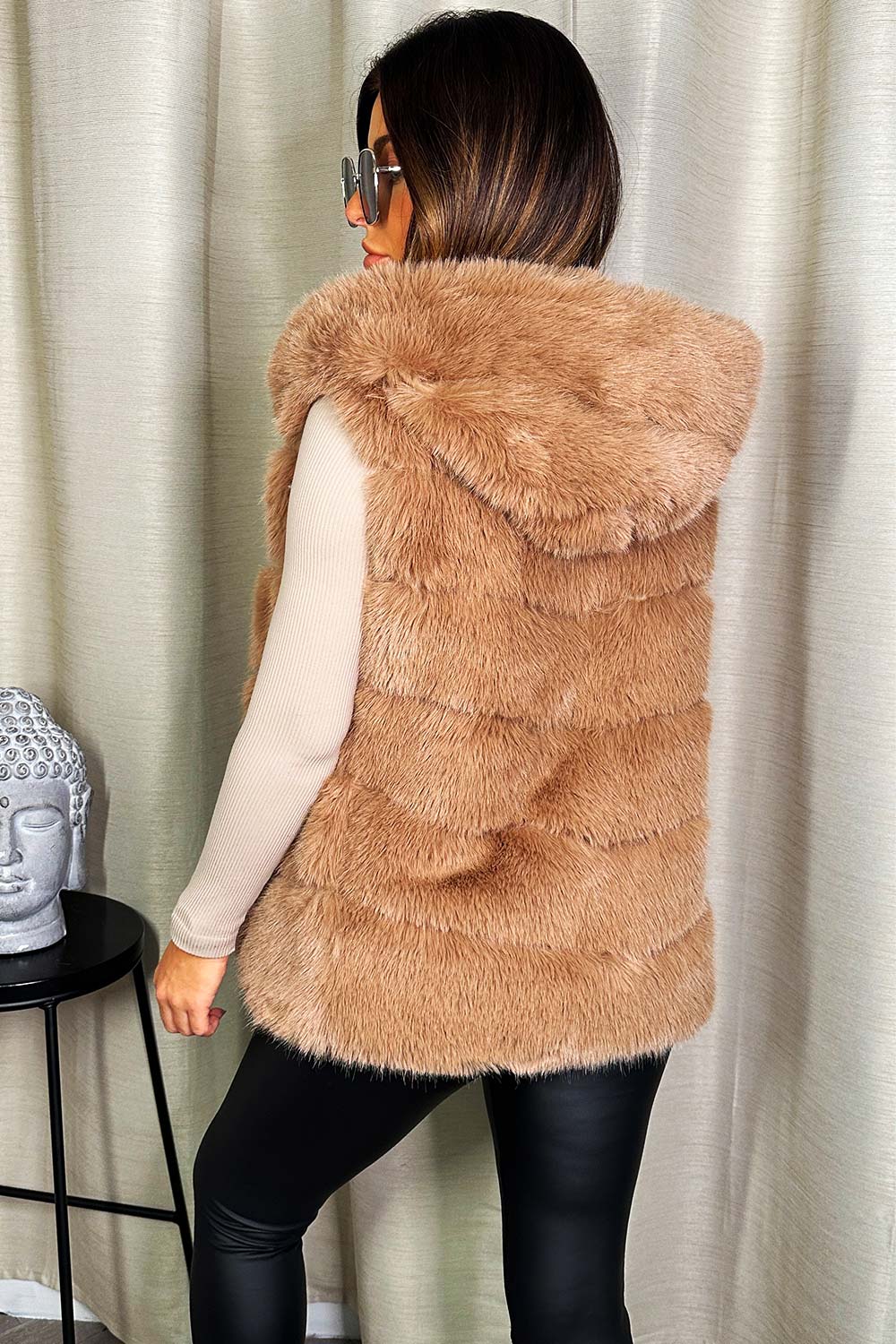 Faux Fur Hooded Gilet Beige