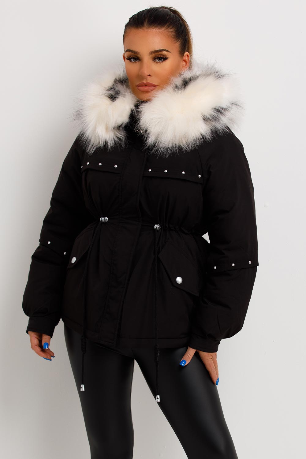 Black Coat With Faux Fur Hood And Drawstring Waist