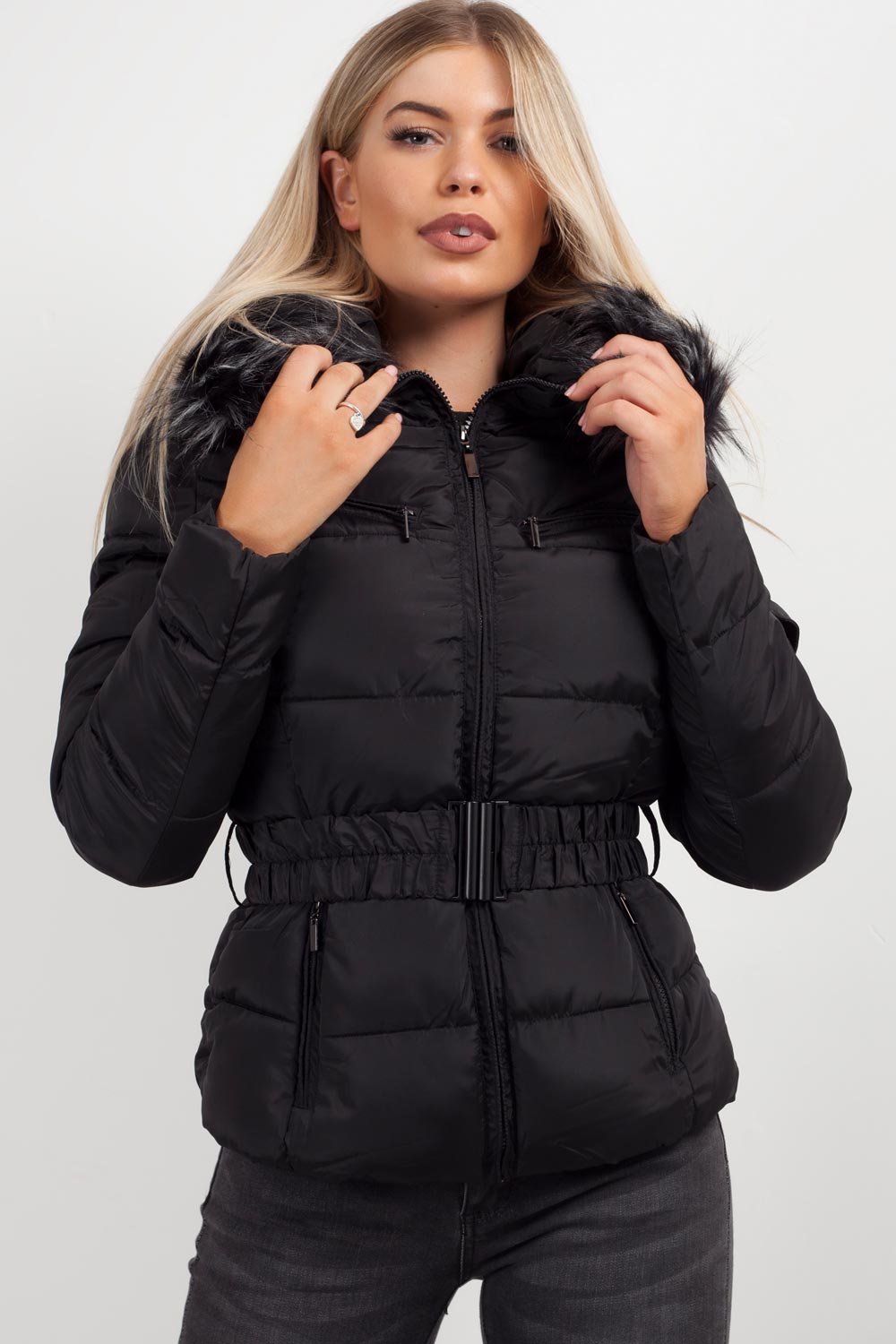 Faux Fur Hooded Jacket With Belt