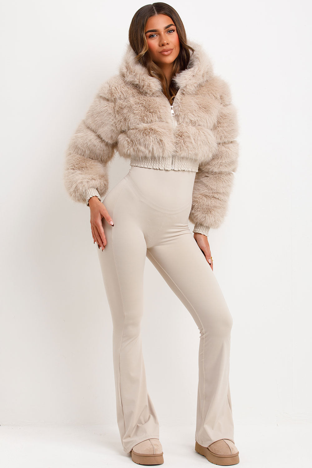 Crop Faux Fur Jacket With Hood Beige