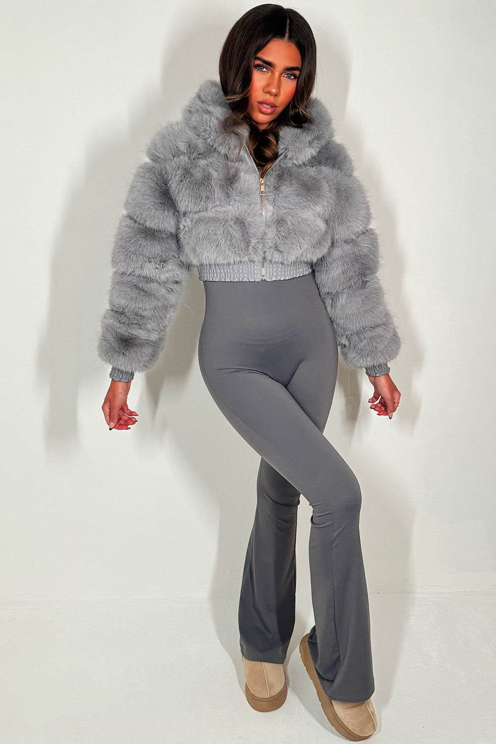 Crop Faux Fur Jacket With Hood Grey