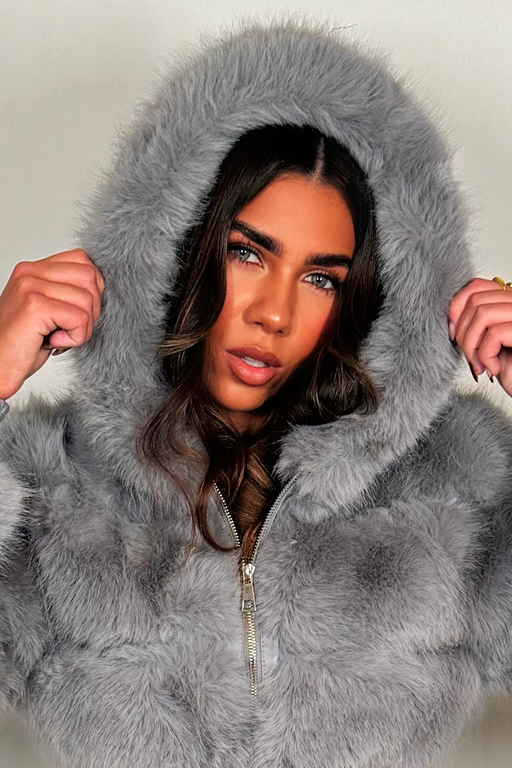 Crop Faux Fur Jacket With Hood Grey