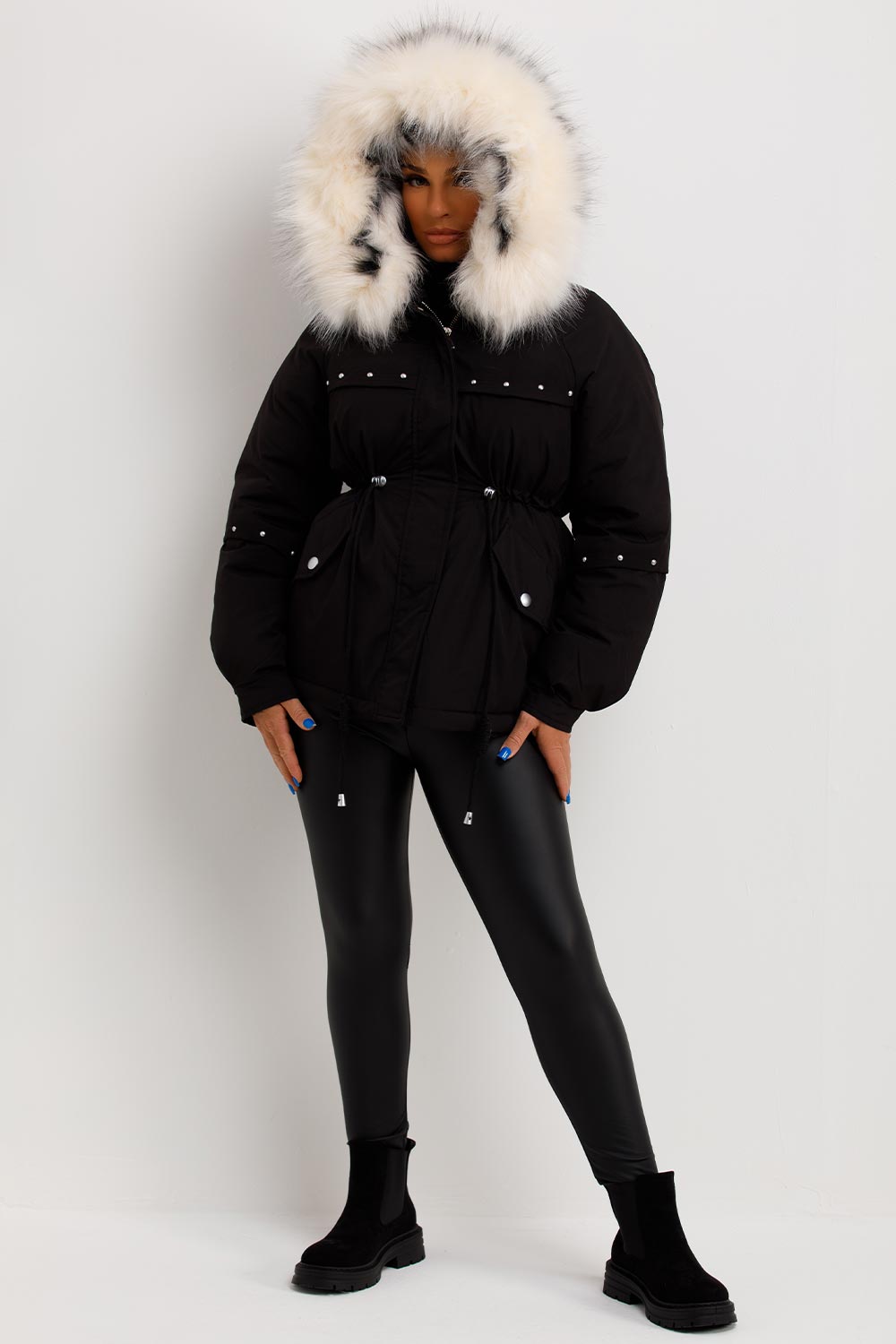 Black Coat With Faux Fur Hood And Drawstring Waist