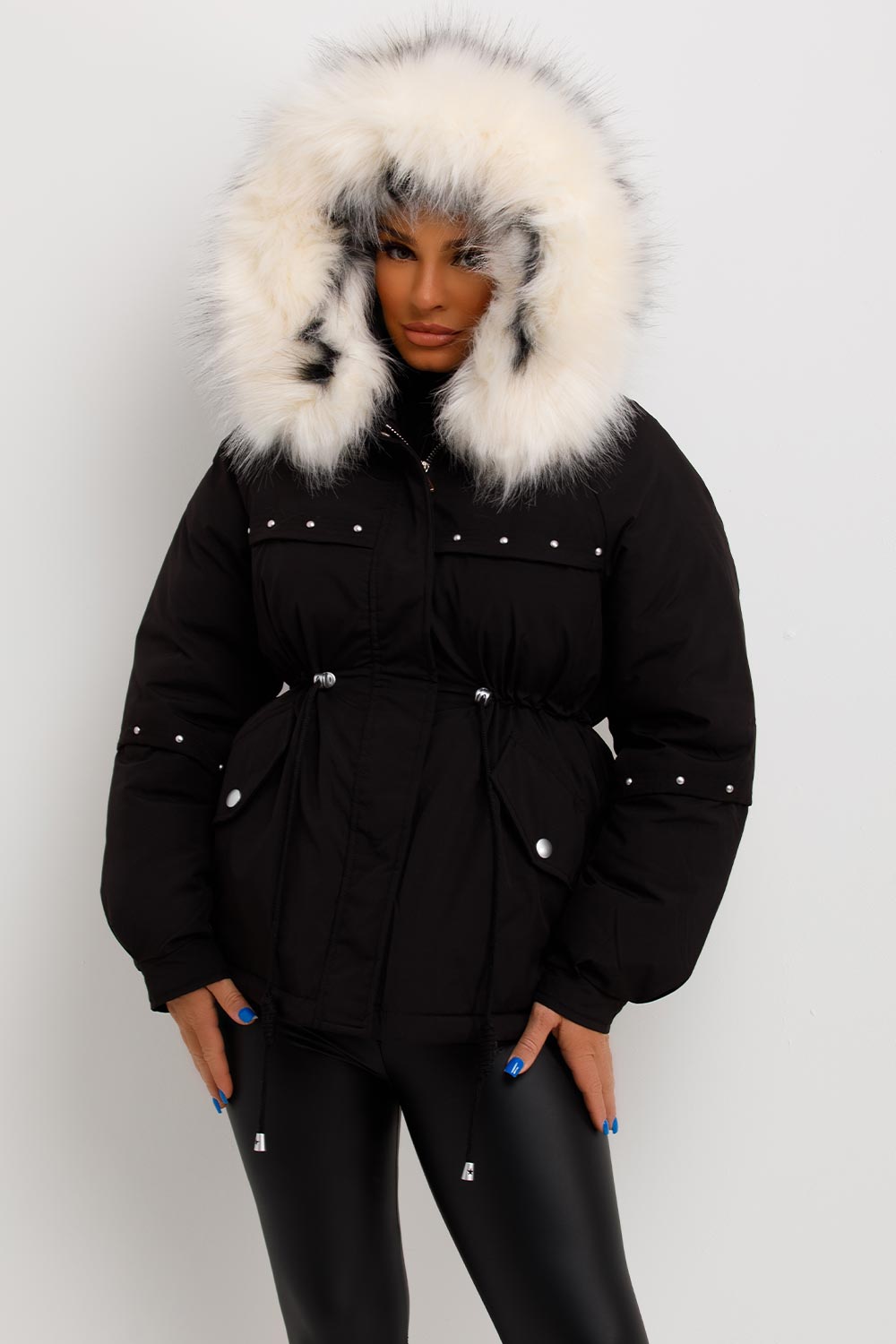 Black Coat With Faux Fur Hood And Drawstring Waist