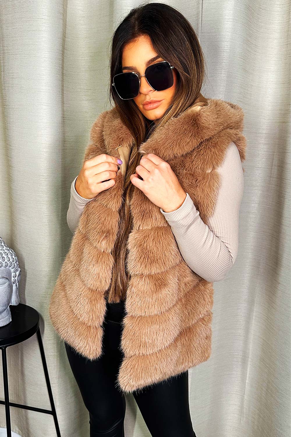 Faux Fur Hooded Gilet Beige