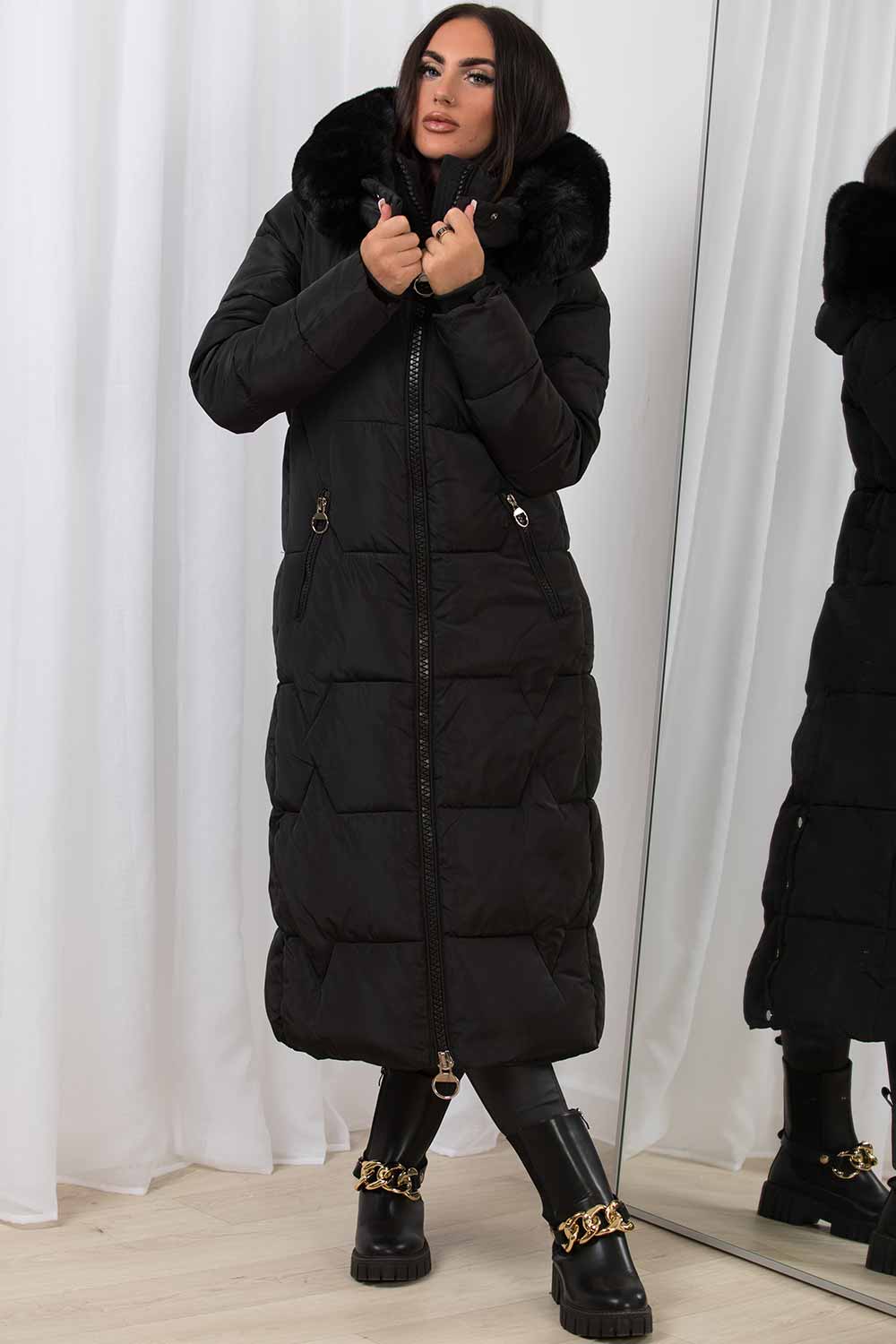 Long Puffer Padded Coat With Faux Fur Hood Black