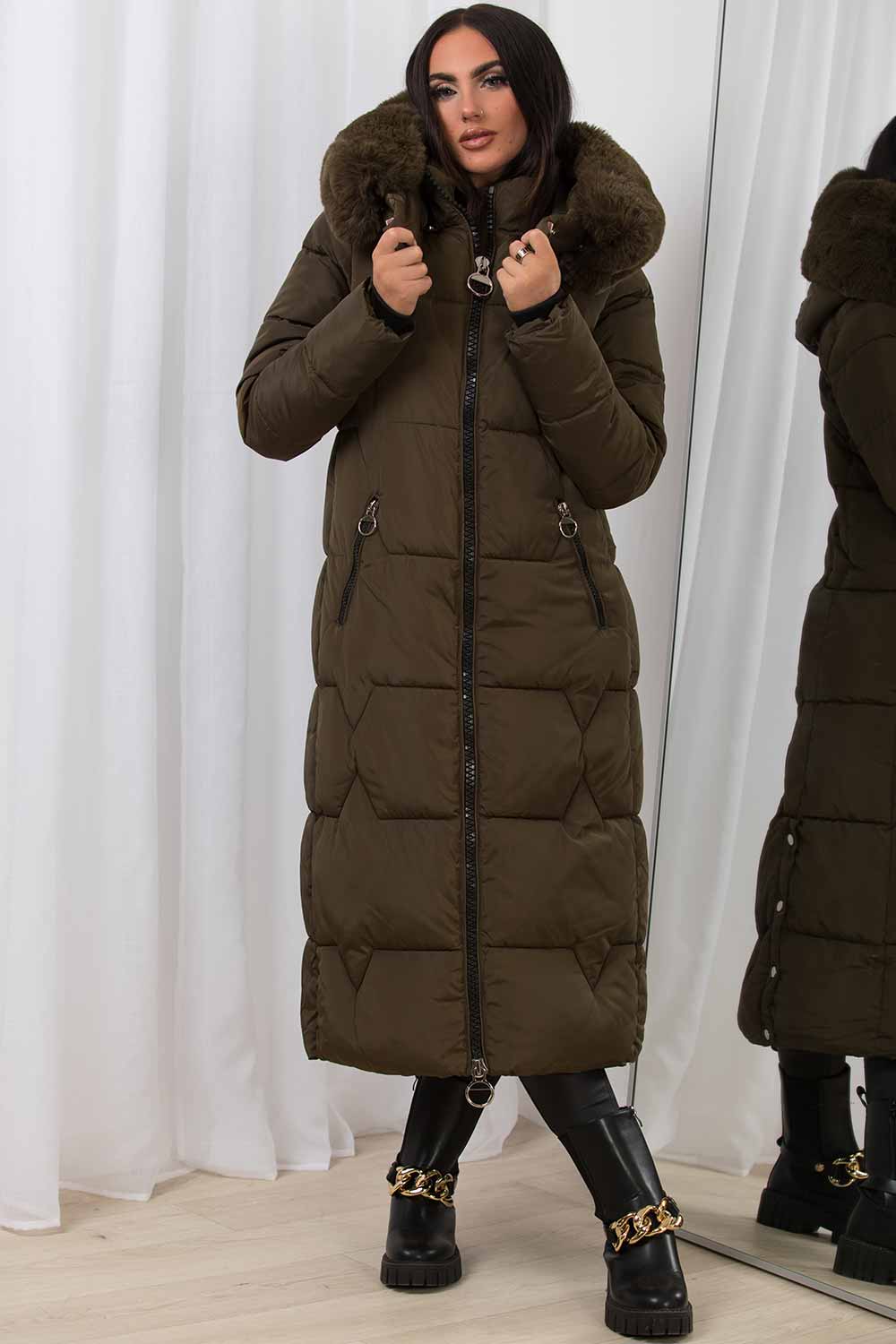 Long Puffer Padded Coat With Faux Fur Hood Khaki