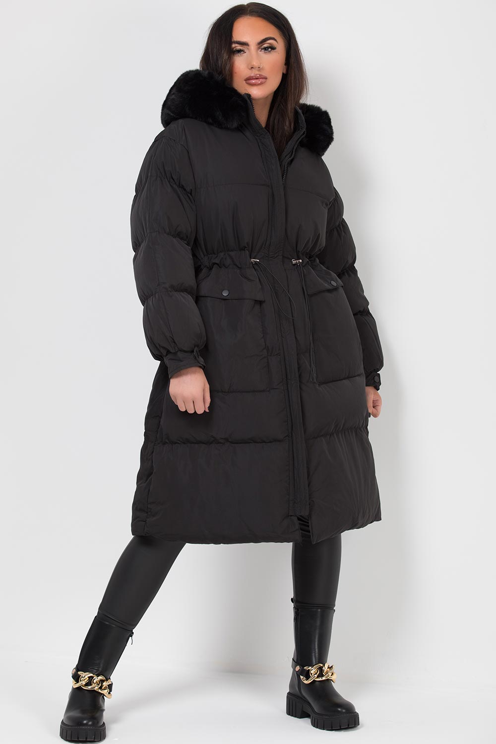 Long Black Puffer Coat With Faux Fur Hood And Drawstring Waist