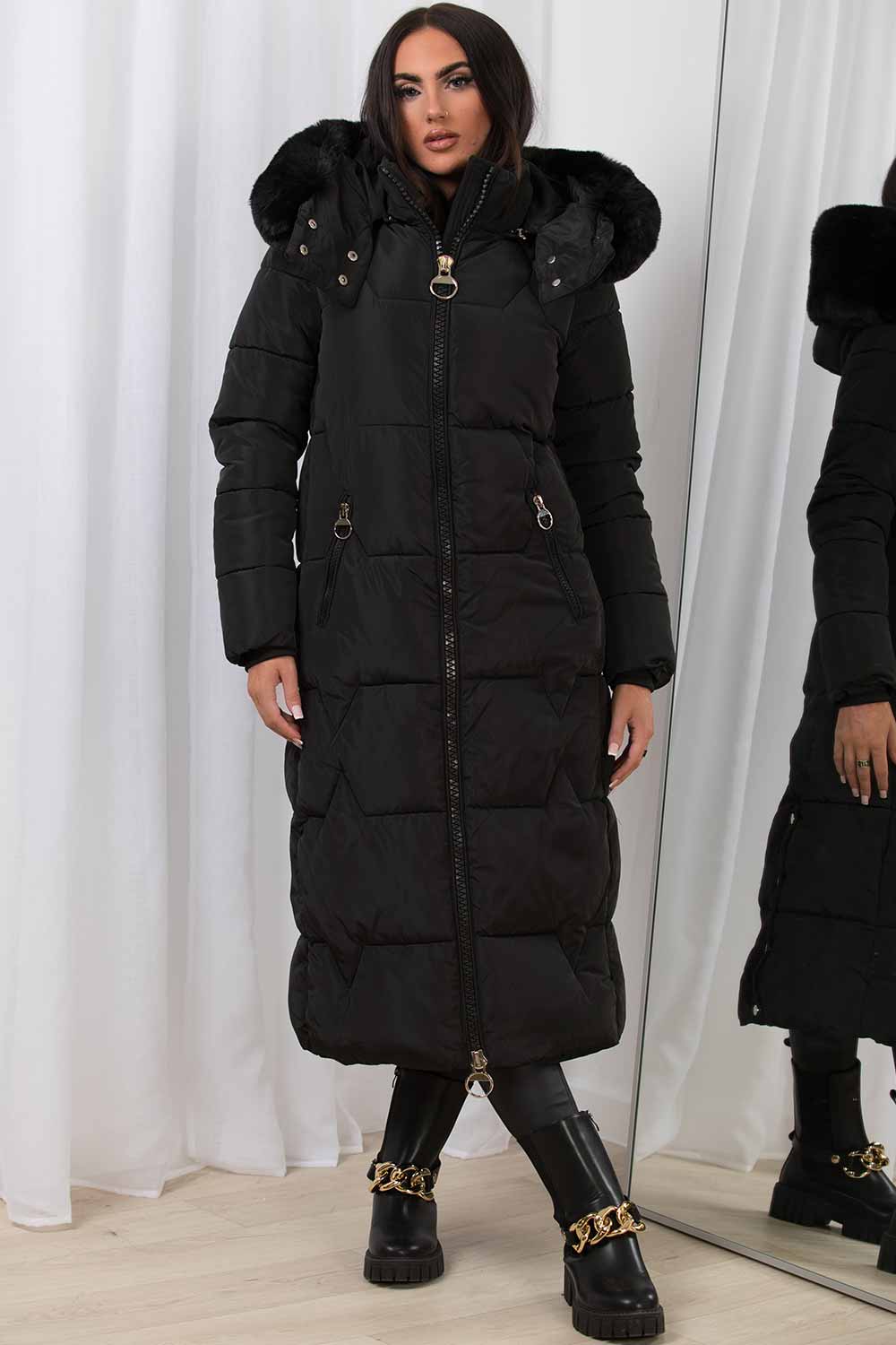 Long Puffer Padded Coat With Faux Fur Hood Black