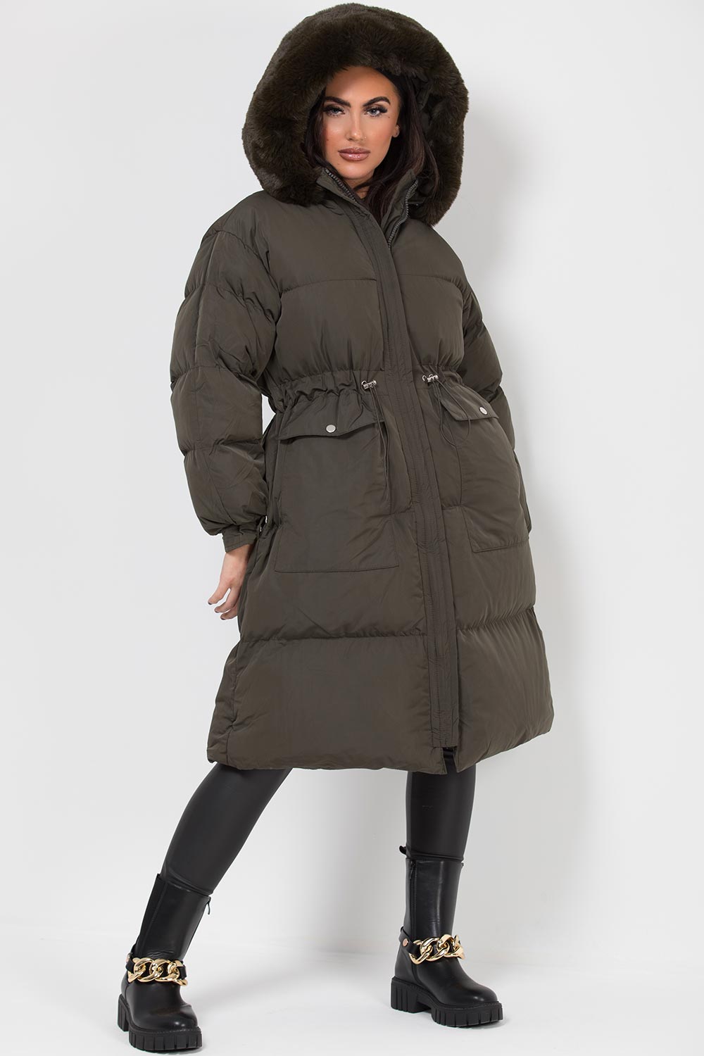 Long Puffer Coat With Faux Fur Hood And Drawstring Waist Khaki