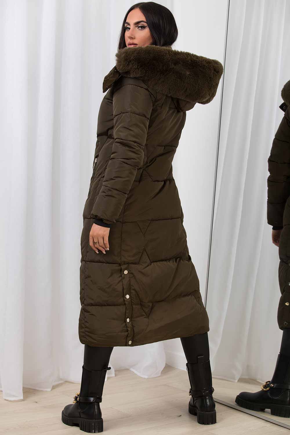 Long Puffer Padded Coat With Faux Fur Hood Khaki