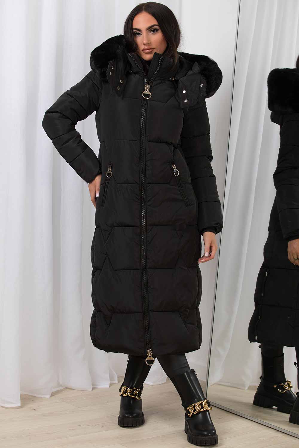 Long Puffer Padded Coat With Faux Fur Hood Black