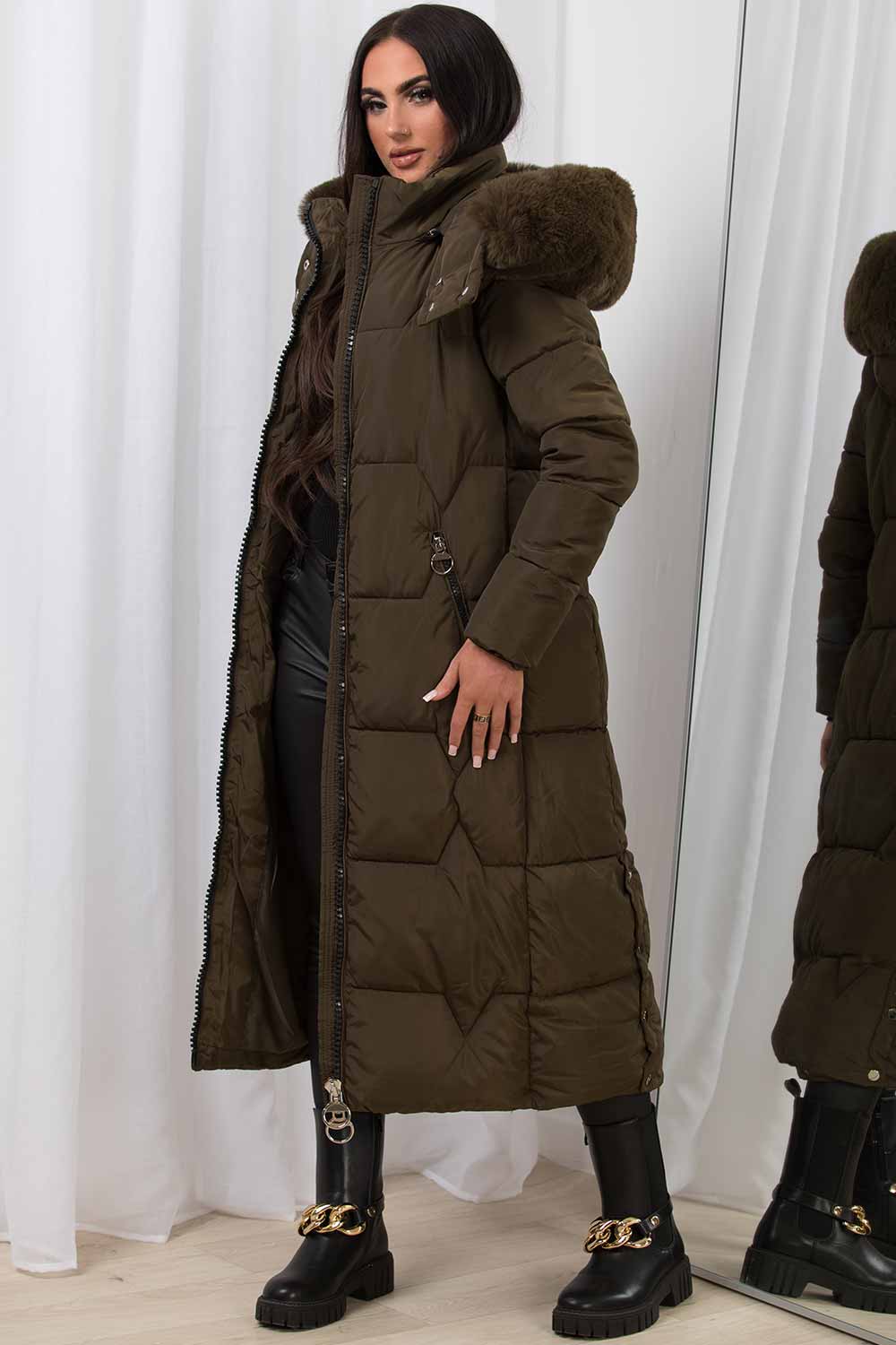 Long Puffer Padded Coat With Faux Fur Hood Khaki