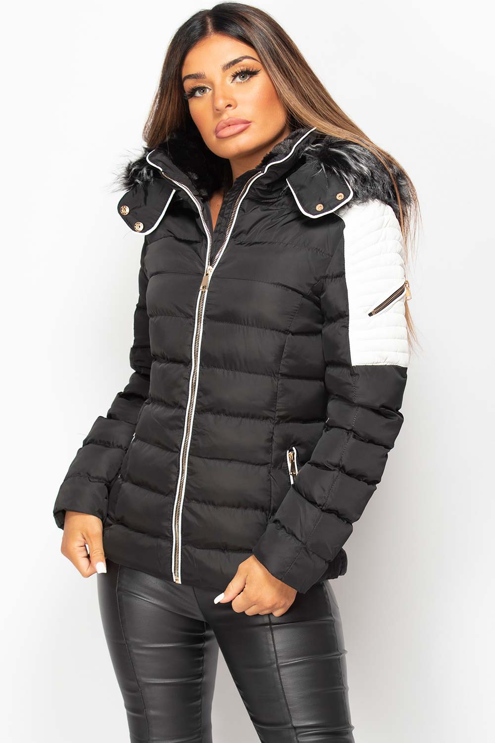 Puffer Coat With Faux Fur Hood Black And White