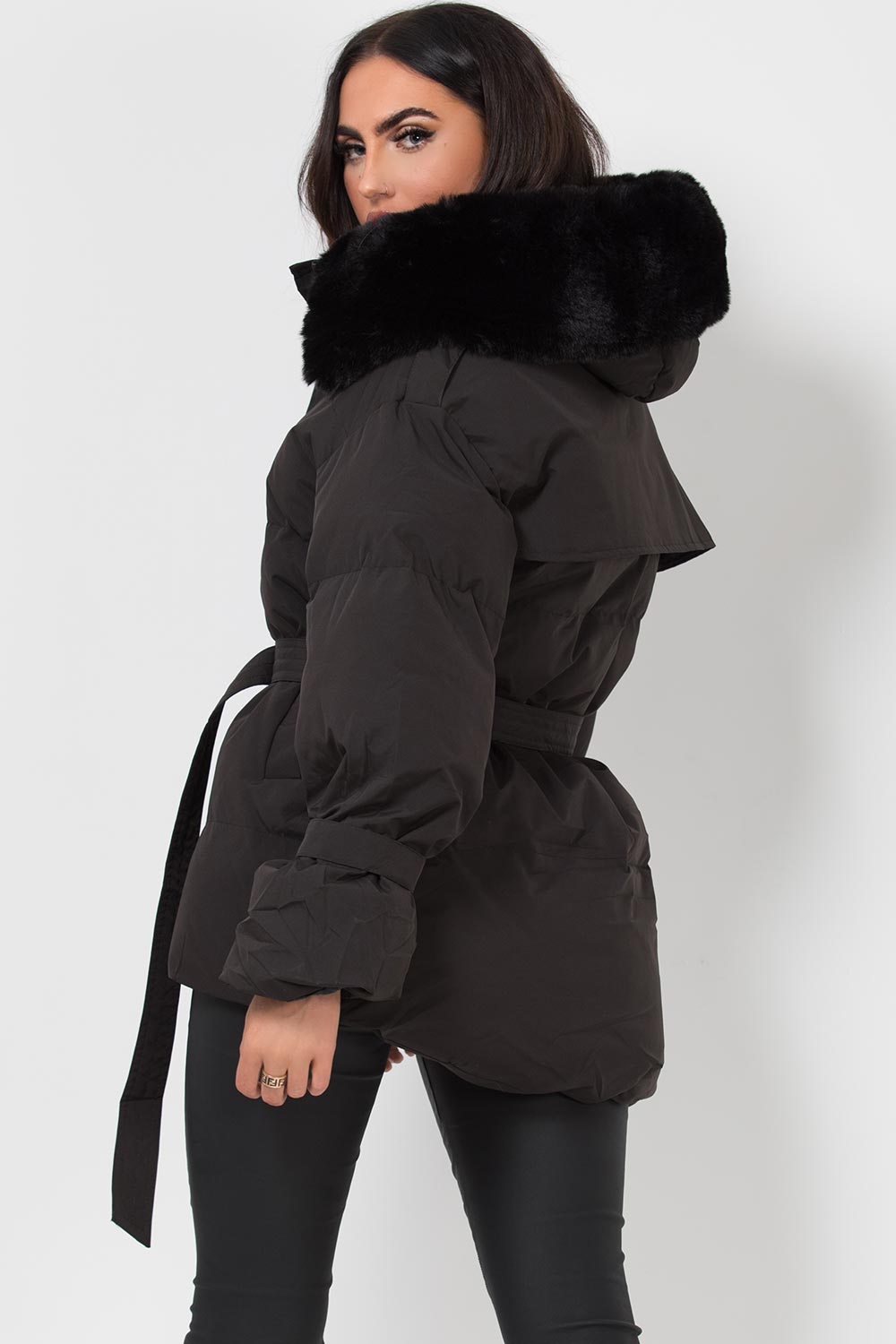 Black Puffer Padded Coat With Faux Fur Hood