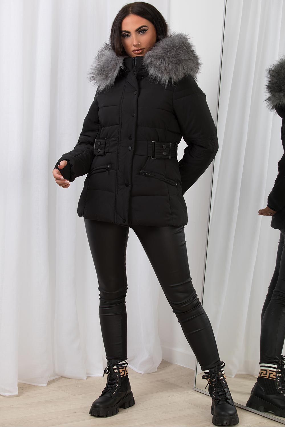 Faux Fur Hood Puffer Jacket With Buckle Belt Black