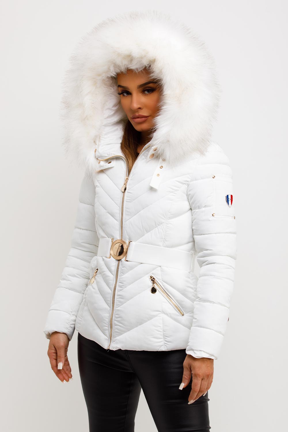 Puffer Jacket With Fur Hood And Belt White