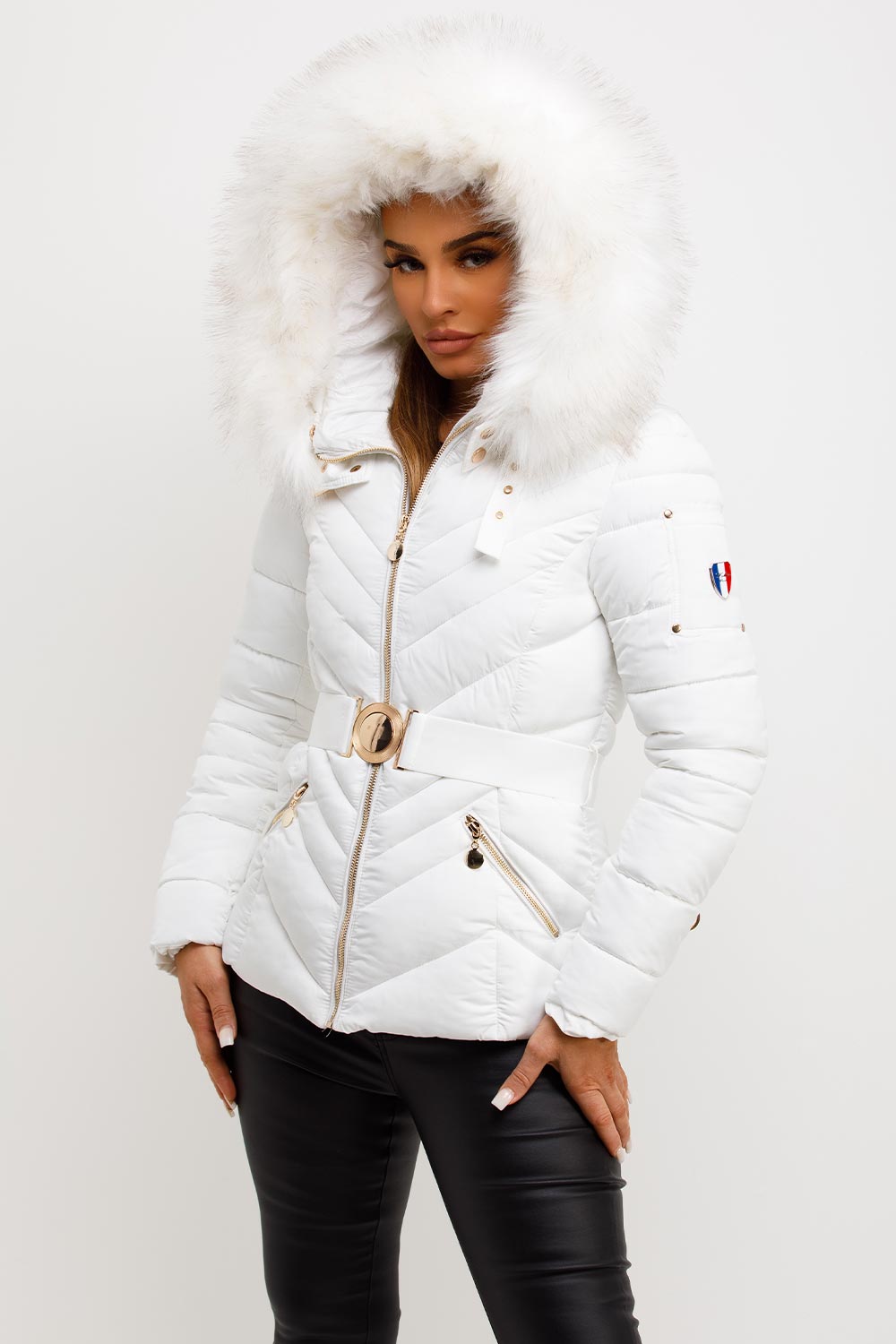 Puffer Jacket With Fur Hood And Belt White