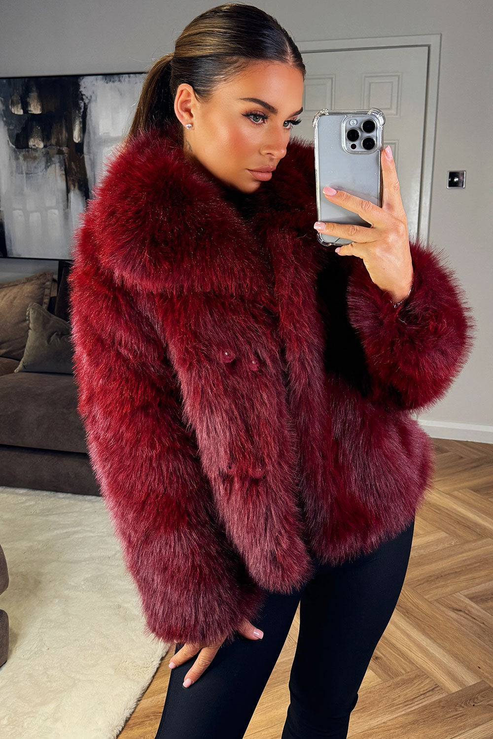 Burgundy Faux Fur Short Plush Jacket