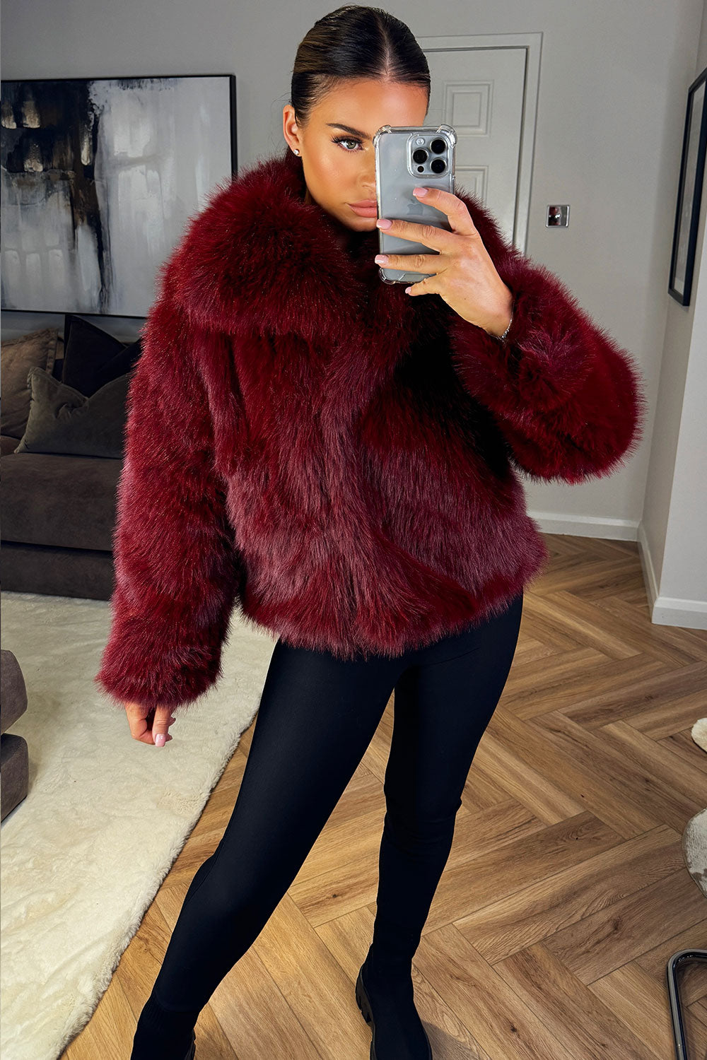 Burgundy Faux Fur Short Plush Jacket