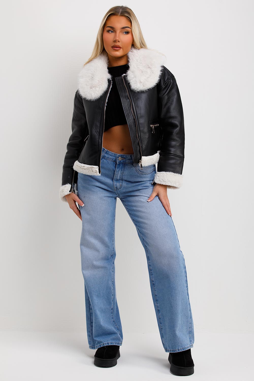 Crop Aviator Jacket With Fur Collar Black