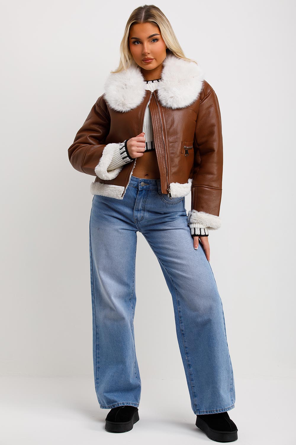 Crop Aviator Jacket With Fur Collar Brown