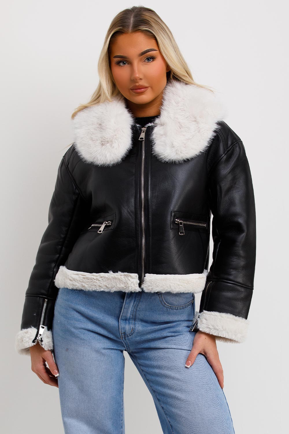 Crop Aviator Jacket With Fur Collar Black