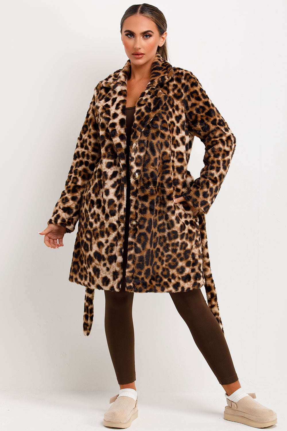 Leopard Print Faux Fur Coat With Belt And Lapel Collar