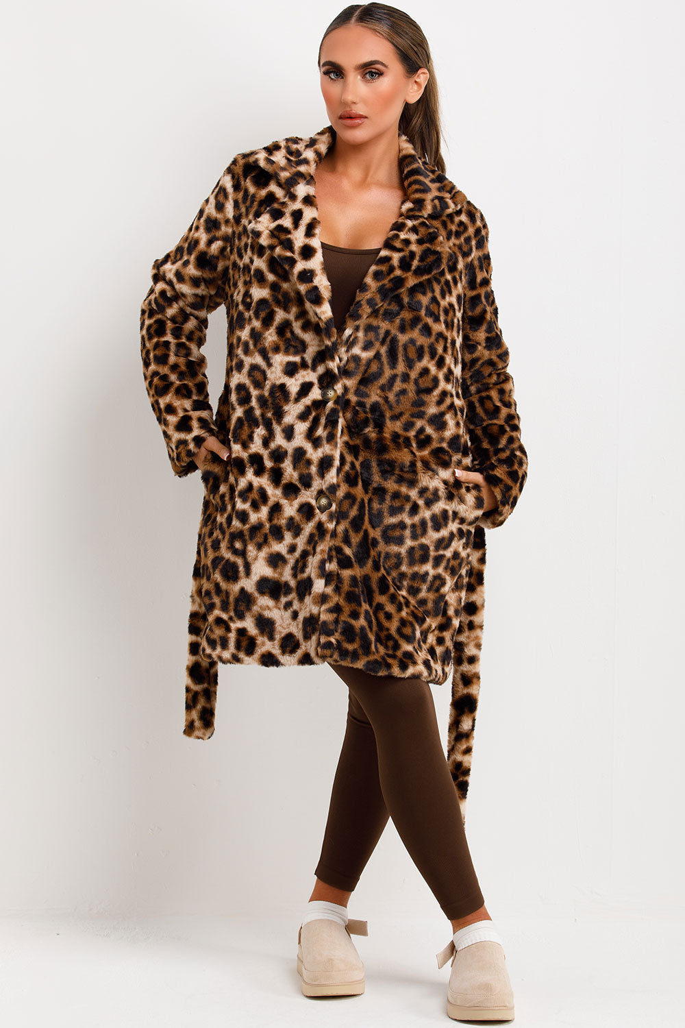 Leopard Print Faux Fur Coat With Belt And Lapel Collar