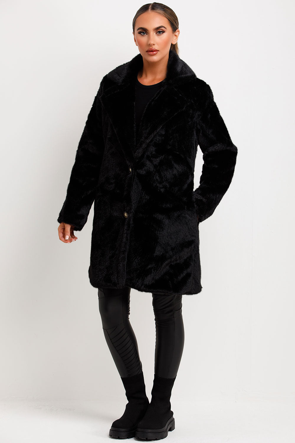 Black Faux Fur Coat With Lapel Collar