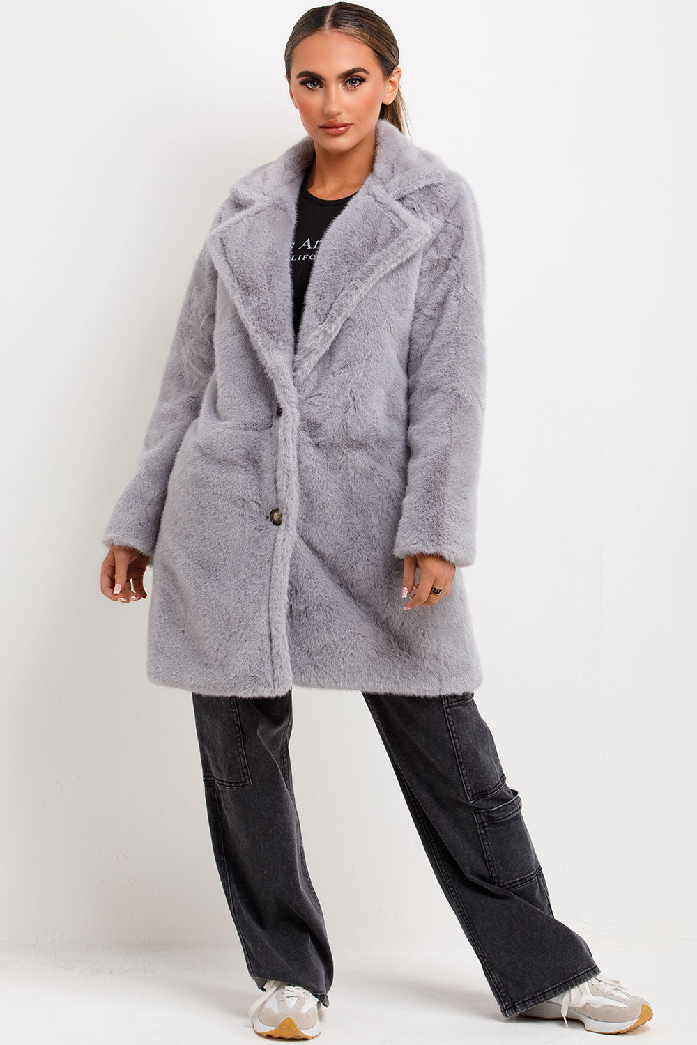 Faux Fur Coat With Lapel Collar Grey