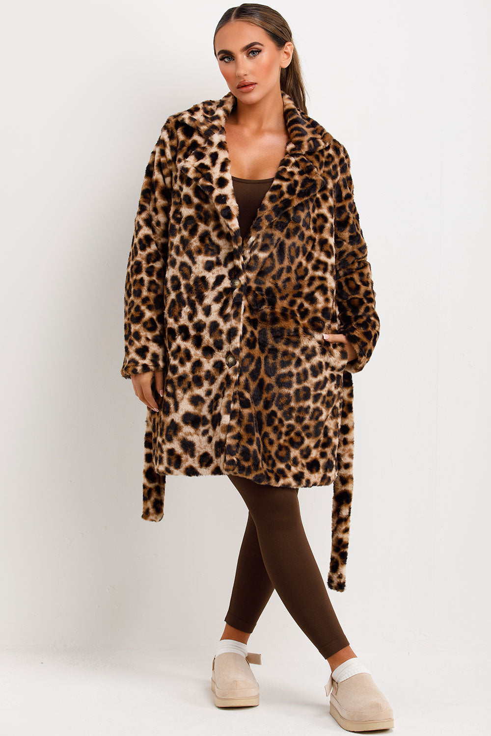 Leopard Print Faux Fur Coat With Belt And Lapel Collar