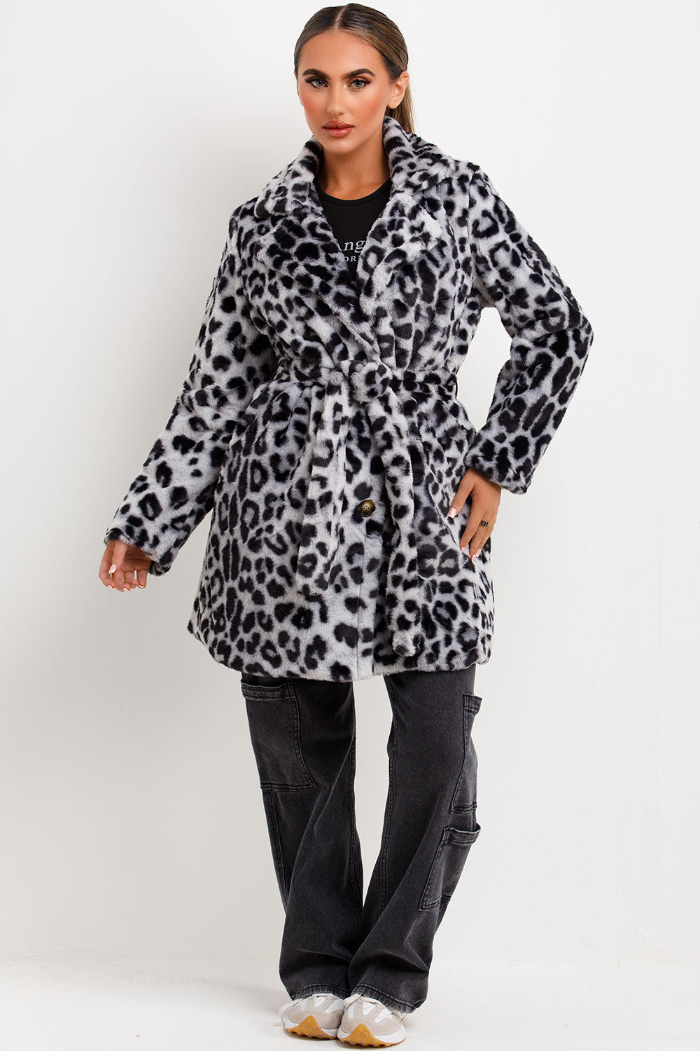 Leopard Print Faux Fur Coat With Belt And Lapel Collar Grey