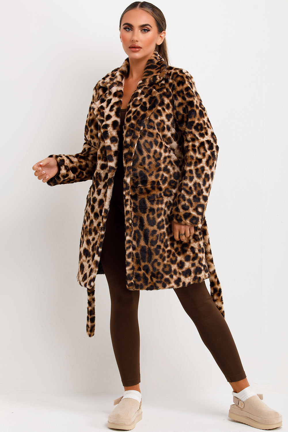 Leopard Print Faux Fur Coat With Belt And Lapel Collar