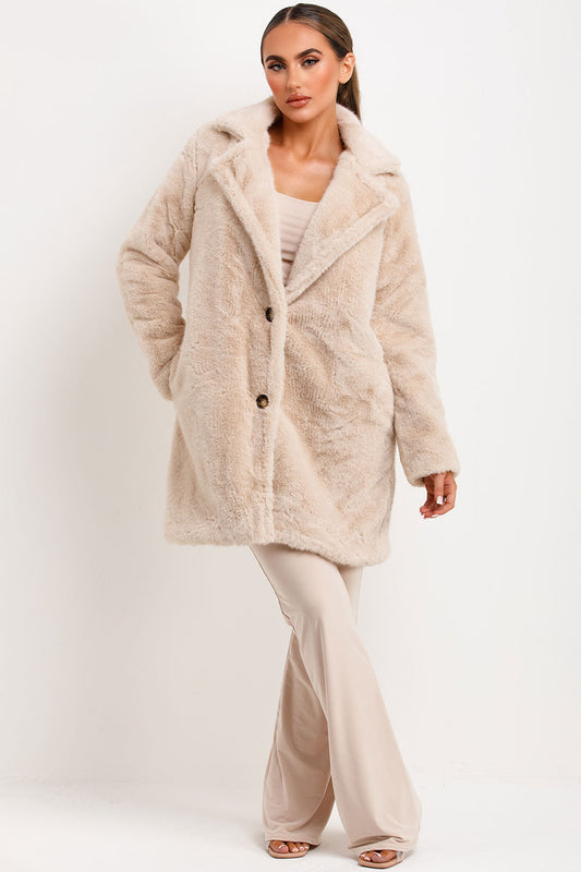 Faux Fur Coat With Lapel Collar Beige