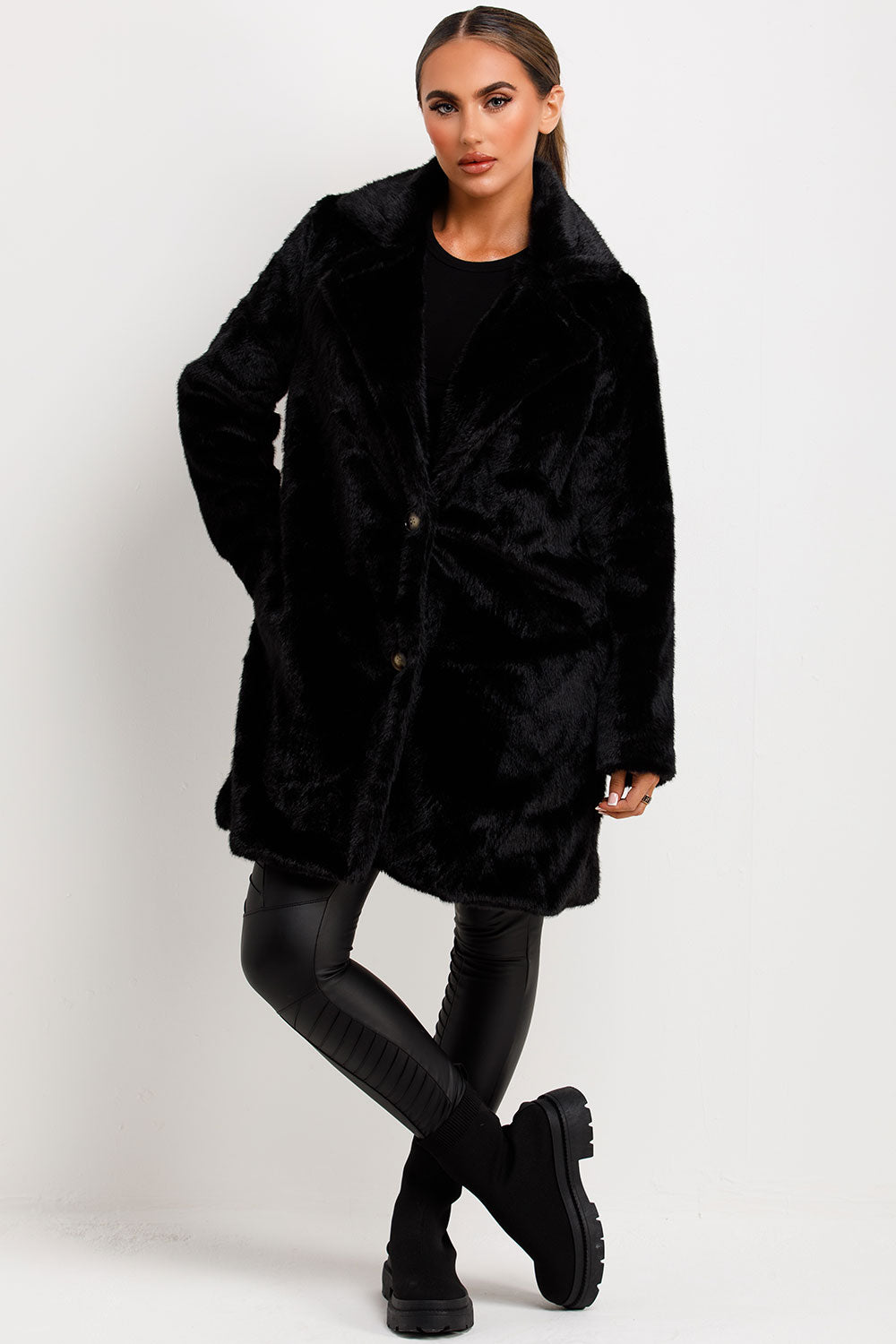 Black Faux Fur Coat With Lapel Collar